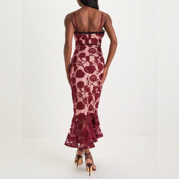 Lulus Alluring Dream Burgundy Floral Mesh Lace Trumpet Midi Dress Red - Picture 3 of 14